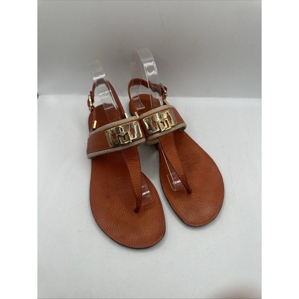 Tory Burch Orange Leather T-Strap Flat Sandals Sz 9 1/2